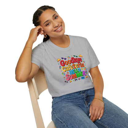 Goodbye Cafeteria Hello Summer T-Shirt — Colorful End-of-School Teacher Tee
