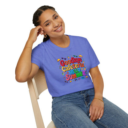 Goodbye Cafeteria Hello Summer T-Shirt — Colorful End-of-School Teacher Tee