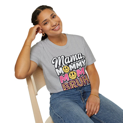 Mama Mommy Mom Bruh Graphic T-Shirt — Funny Mom Multi-Title Tee with Smiley & Leopard Print