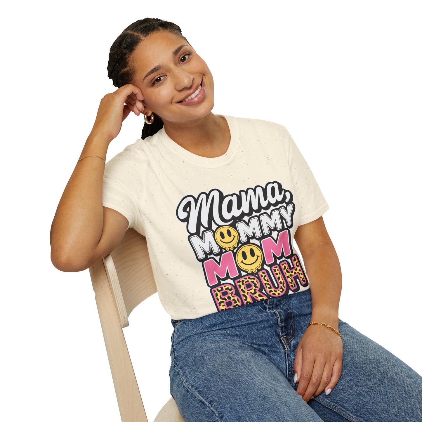 Mama Mommy Mom Bruh Graphic T-Shirt — Funny Mom Multi-Title Tee with Smiley & Leopard Print