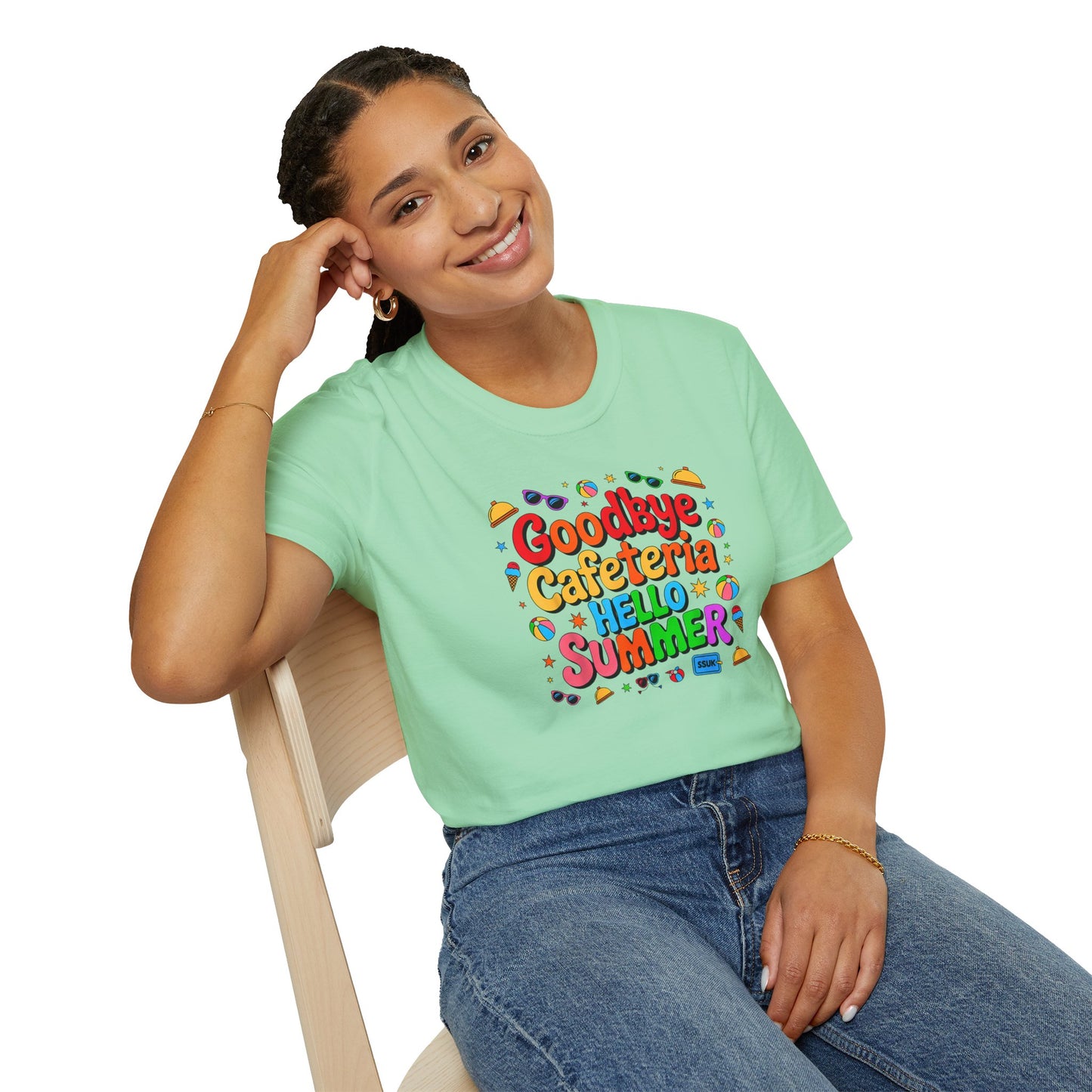 Goodbye Cafeteria Hello Summer T-Shirt — Colorful End-of-School Teacher Tee