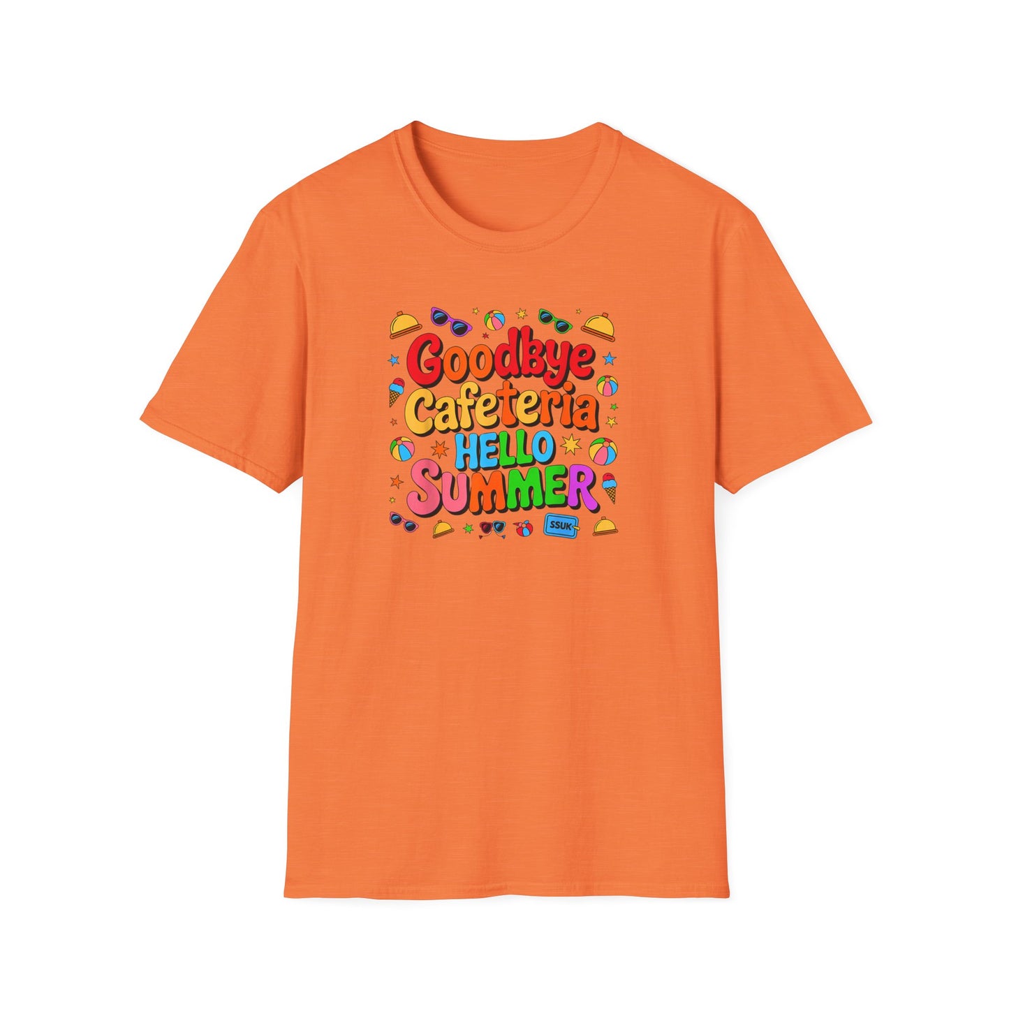 Goodbye Cafeteria Hello Summer T-Shirt — Colorful End-of-School Teacher Tee