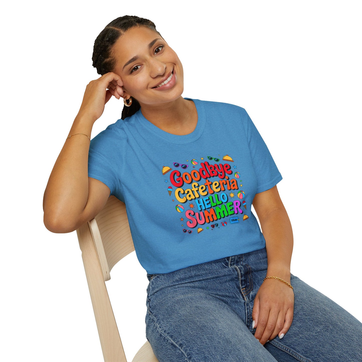 Goodbye Cafeteria Hello Summer T-Shirt — Colorful End-of-School Teacher Tee