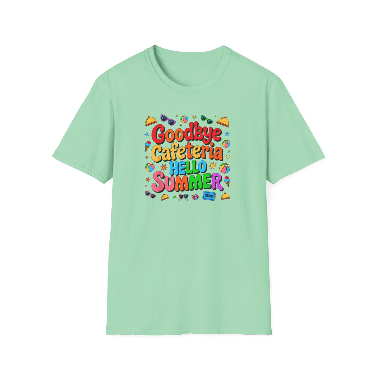 Goodbye Cafeteria Hello Summer T-Shirt — Colorful End-of-School Teacher Tee