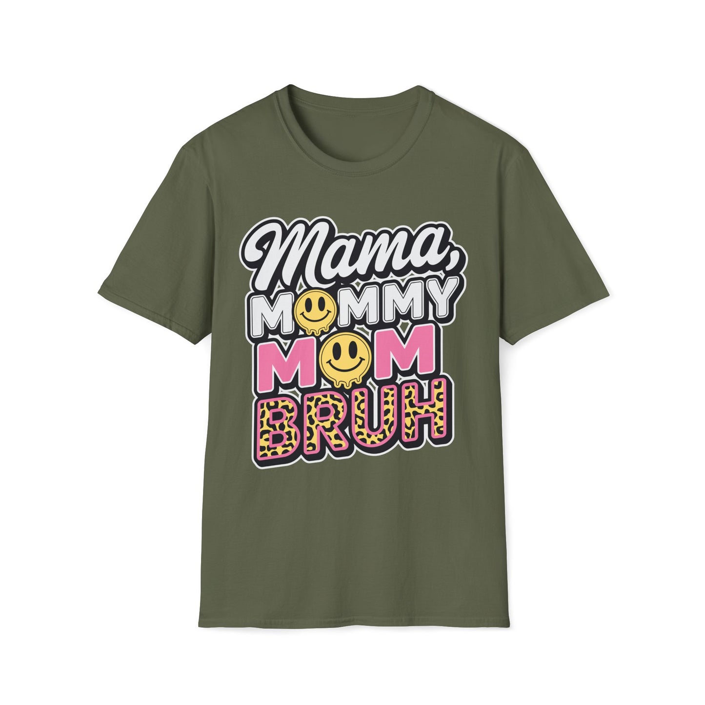 Mama Mommy Mom Bruh Graphic T-Shirt — Funny Mom Multi-Title Tee with Smiley & Leopard Print