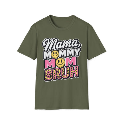 Mama Mommy Mom Bruh Graphic T-Shirt — Funny Mom Multi-Title Tee with Smiley & Leopard Print