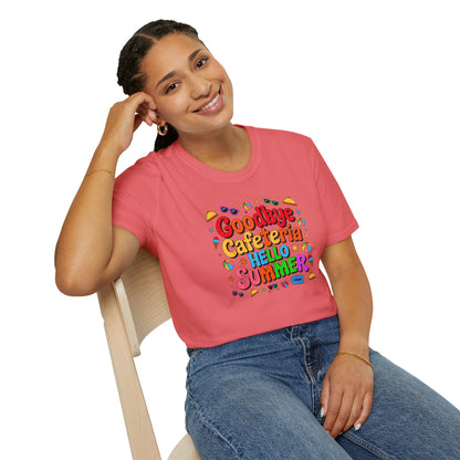 Goodbye Cafeteria Hello Summer T-Shirt — Colorful End-of-School Teacher Tee