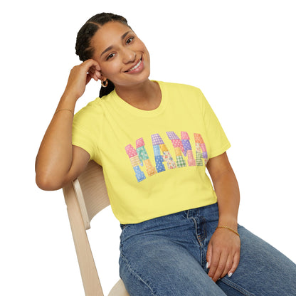 Mama Patchwork T-Shirt — Colorful Quilted Mom Graphic Tee