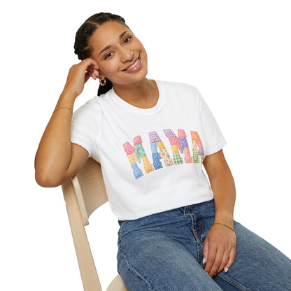 Mama Patchwork T-Shirt — Colorful Quilted Mom Graphic Tee