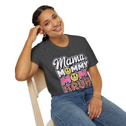 Mama Mommy Mom Bruh Graphic T-Shirt — Funny Mom Multi-Title Tee with Smiley & Leopard Print