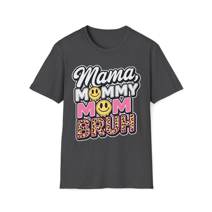 Mama Mommy Mom Bruh Graphic T-Shirt — Funny Mom Multi-Title Tee with Smiley & Leopard Print