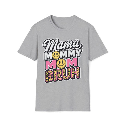 Mama Mommy Mom Bruh Graphic T-Shirt — Funny Mom Multi-Title Tee with Smiley & Leopard Print