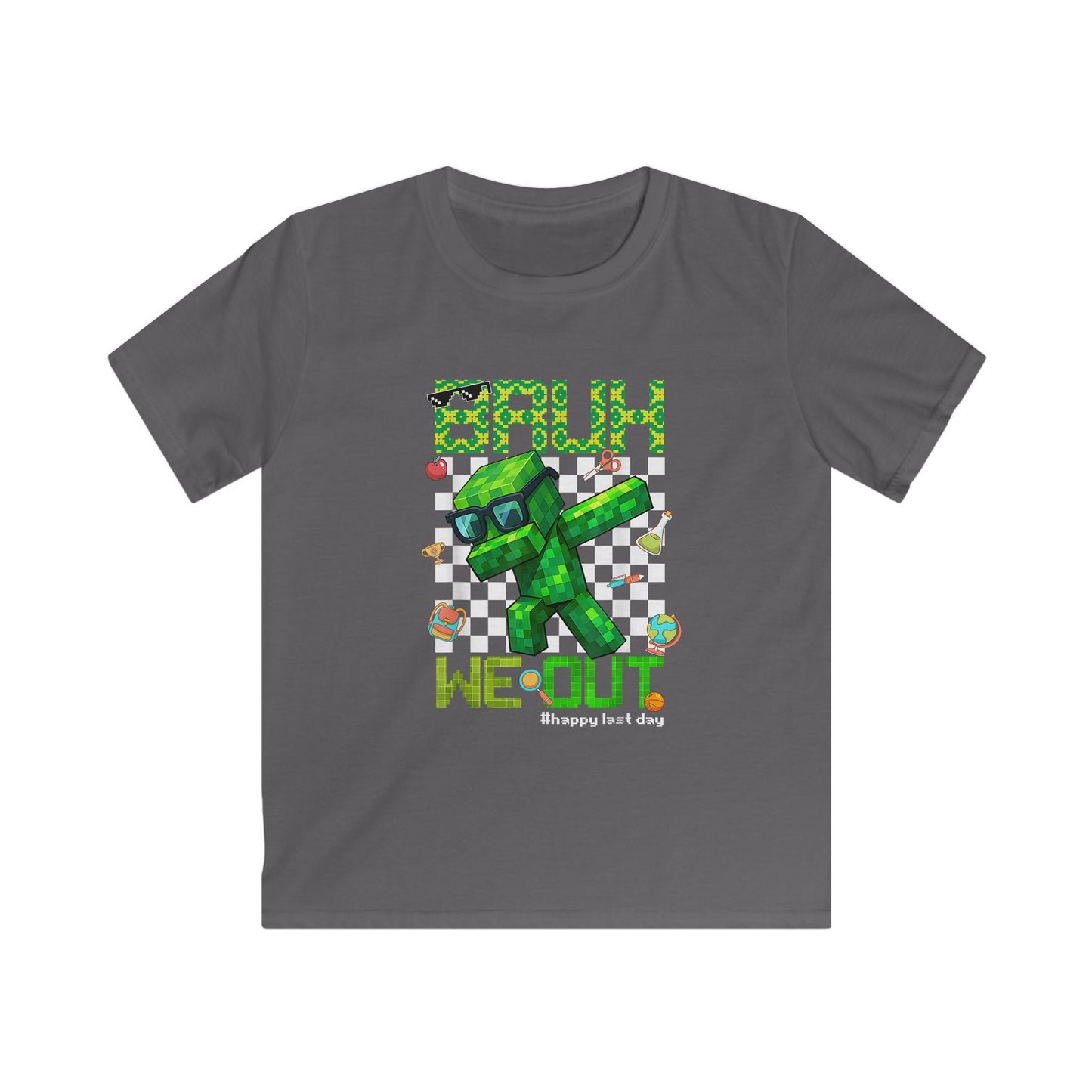 Kids Last Day of School T‑Shirt — 'Bruh We Out' Green Tee, Checkered Retro Shirt for Boys & Girls