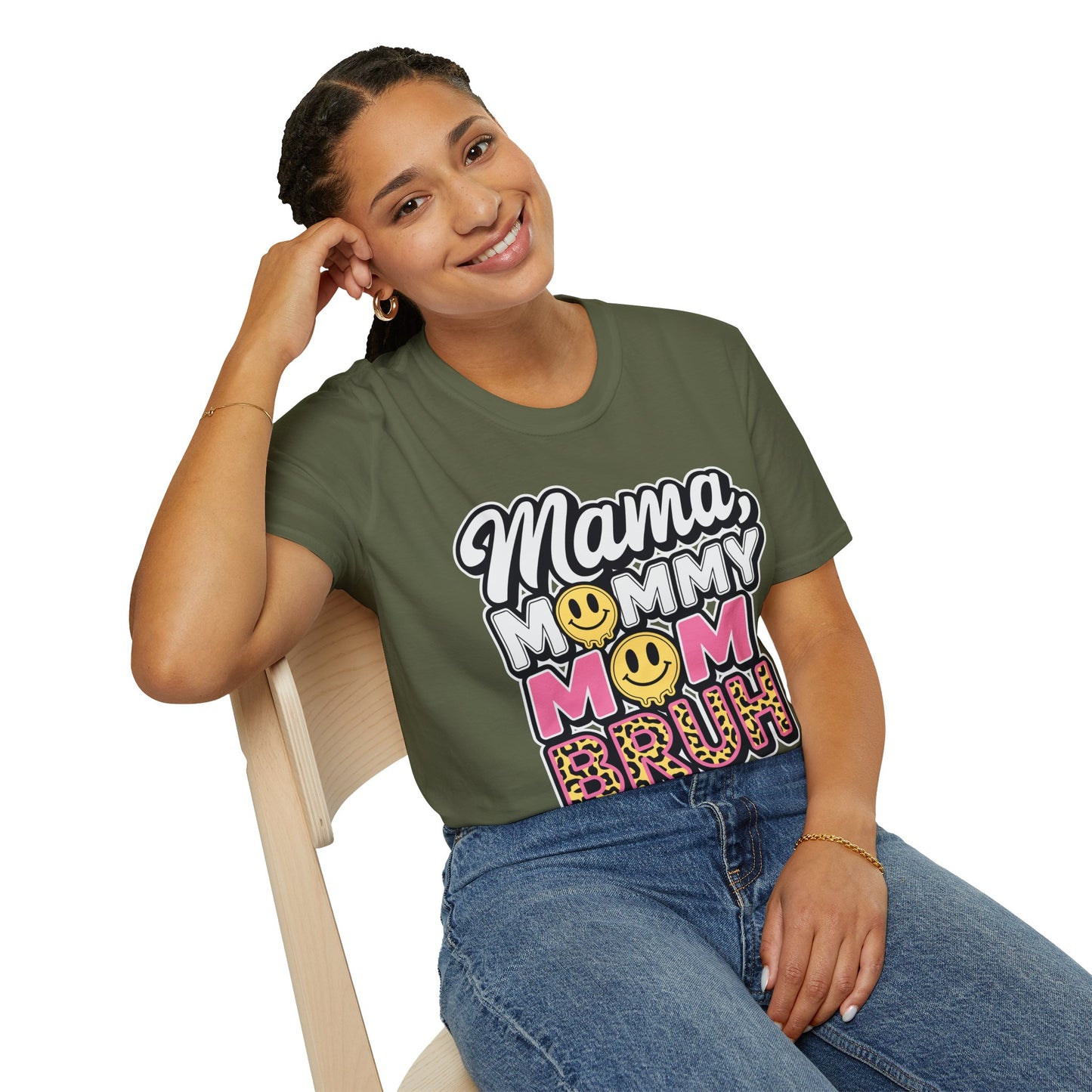 Mama Mommy Mom Bruh Graphic T-Shirt — Funny Mom Multi-Title Tee with Smiley & Leopard Print