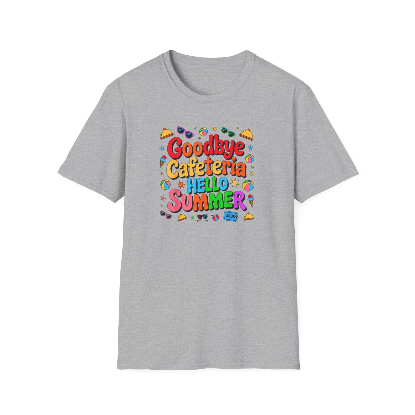 Goodbye Cafeteria Hello Summer T-Shirt — Colorful End-of-School Teacher Tee