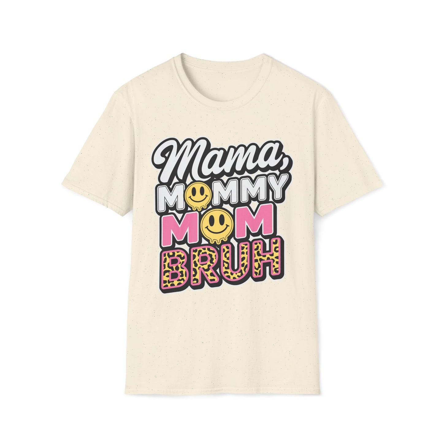 Mama Mommy Mom Bruh Graphic T-Shirt — Funny Mom Multi-Title Tee with Smiley & Leopard Print