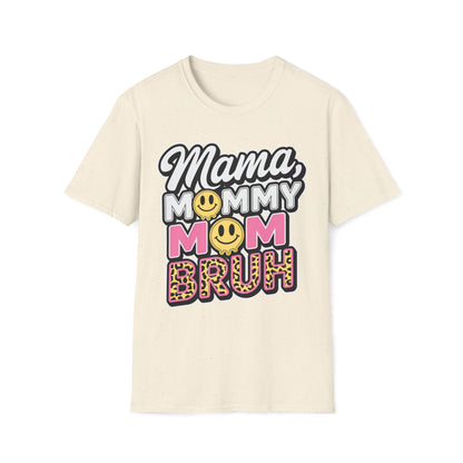 Mama Mommy Mom Bruh Graphic T-Shirt — Funny Mom Multi-Title Tee with Smiley & Leopard Print